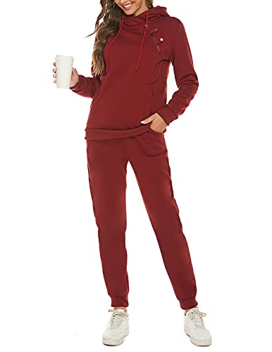 JENJON Trainingsanzug Damen Zweiteiler Langarm Kapuzen Zipper Jacke Hose Herbst Winter Yoga Fitness Sport Freizeitanzug Rot M von JENJON