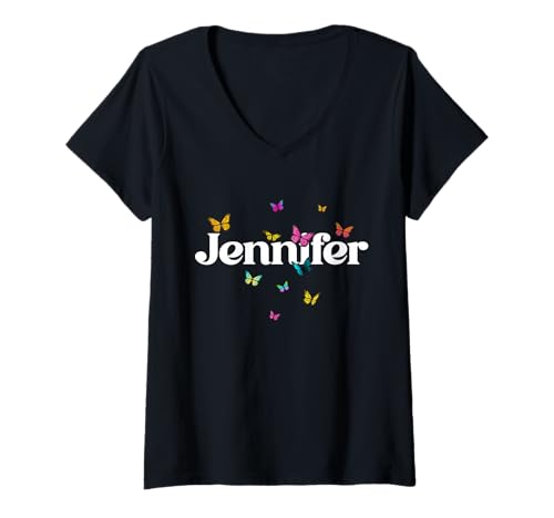 Damen Jennifer - Schöner Mädchen Name mit bunten Schmetterlingen T-Shirt mit V-Ausschnitt von JENNIFER Tochter Enkel Geburtstag Geschenkideen