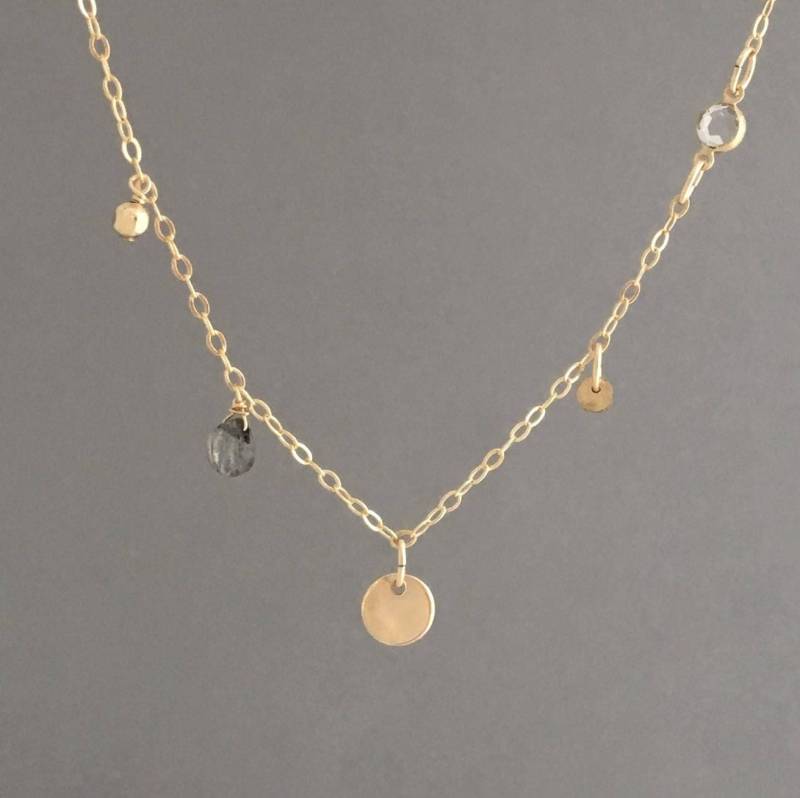 Gemischte Gold Scheibe Mit Labradorit Und Swarovski Kristall Halskette Auch in Sterling Silber Rose Füllen von JENNYandJUDE