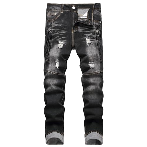 Herren Slim Fit Stretch Jeans Zerrissene Röhrenjeans für Männer, Distressed Destroyed Regular Straight Leg Fashion Comfort Flex Waist Jeanshose, Teenager Lässige Mode Skinny Cargo Designer Denim Hose von JENY-LUCK