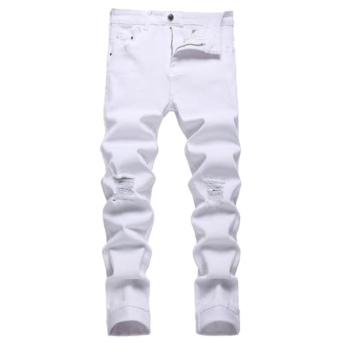 Herren Slim Fit Stretch Jeans Zerrissene Röhrenjeans für Männer, Distressed Destroyed Regular Straight Leg Fashion Comfort Flex Waist Jeanshose, Teenager Lässige Mode Skinny Cargo Designer Denim Hose von JENY-LUCK