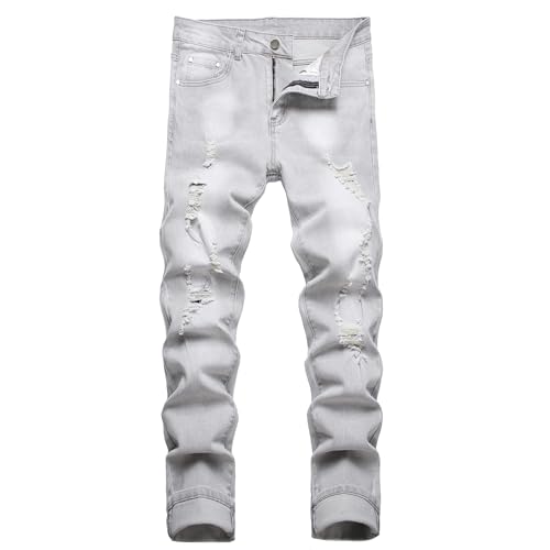 Herren Slim Fit Stretch Jeans Zerrissene Röhrenjeans für Männer, Distressed Destroyed Regular Straight Leg Fashion Comfort Flex Waist Jeanshose, Teenager Lässige Mode Skinny Cargo Designer Denim Hose von JENY-LUCK