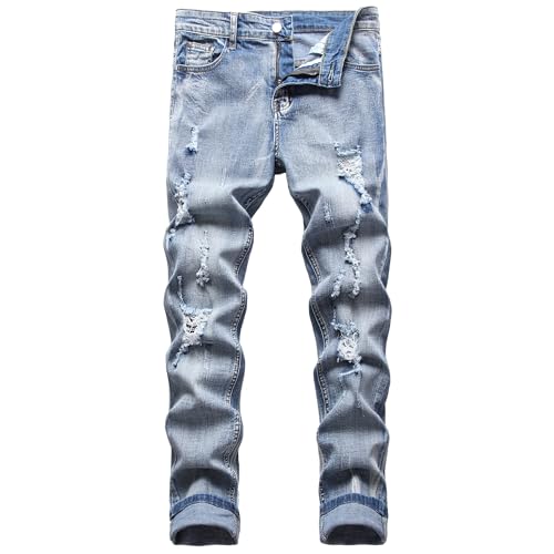 Herren Slim Fit Stretch Jeans Zerrissene Röhrenjeans für Männer, Distressed Destroyed Regular Straight Leg Fashion Comfort Flex Waist Jeanshose, Teenager Lässige Mode Skinny Designer Denim Hose von JENY-LUCK