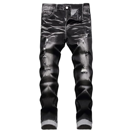 Herren Slim Fit Stretch Jeans Zerrissene Röhrenjeans für Männer, Distressed Destroyed Regular Straight Leg Fashion Comfort Flex Waist Jeanshose, Teenager Lässige Mode Skinny Designer Denim Hose von JENY-LUCK