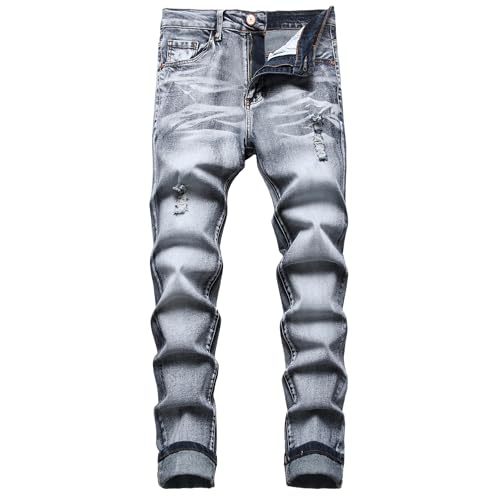 Herren Slim Fit Stretch Jeans Zerrissene Röhrenjeans für Männer, Distressed Destroyed Regular Straight Leg Fashion Comfort Flex Waist Jeanshose, Teenager Lässige Mode Skinny Designer Denim Hose von JENY-LUCK