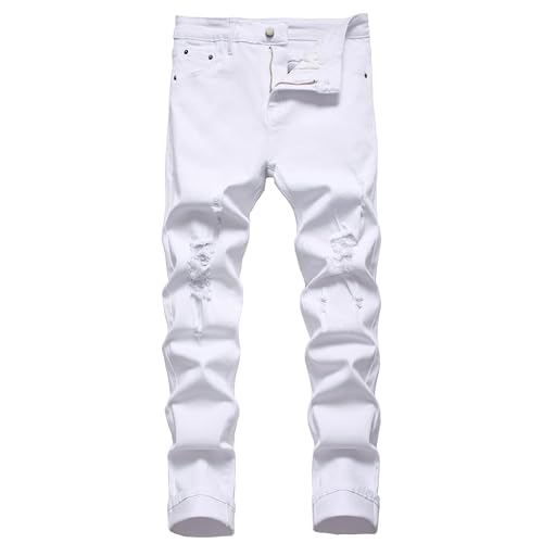 Herren Slim Fit Stretch Jeans Zerrissene Röhrenjeans für Männer, Distressed Destroyed Regular Straight Leg Fashion Comfort Flex Waist Jeanshose, Teenager Lässige Mode Skinny Designer Denim Hose von JENY-LUCK