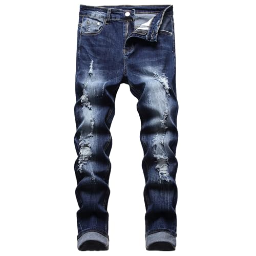 Herren Slim Fit Stretch Jeans Zerrissene Röhrenjeans für Männer, Distressed Destroyed Regular Straight Leg Fashion Comfort Flex Waist Jeanshose, Teenager Lässige Mode Skinny Designer Denim Hose von JENY-LUCK