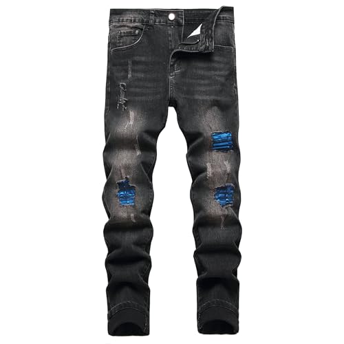 Herren Slim Fit Stretch Jeans Zerrissene Röhrenjeans für Männer, Distressed Destroyed Regular Straight Leg Fashion Comfort Flex Waist Jeanshose, Teenager Lässige Mode Skinny Designer Denim Hose von JENY-LUCK
