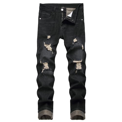 Herren Slim Fit Stretch Jeans Zerrissene Röhrenjeans für Männer, Distressed Destroyed Regular Straight Leg Fashion Comfort Flex Waist Jeanshose, Teenager Lässige Mode Skinny Designer Denim Hose von JENY-LUCK