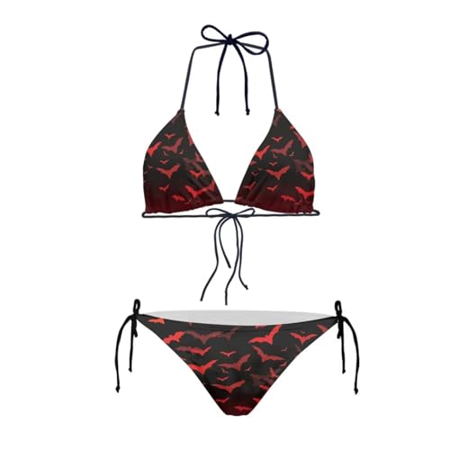JEOCODY Damen-Bikini-Set mit hoher Taille, zweiteilig, Badeanzüge, Triangel-Bikini-Set, Roter Fledermausdruck, Medium JEOCODY Damen-Bikini-Set mit hoher Taille, zweiteilig, Badeanzüge, Triangel-Bikini-Set, Roter Fledermausdruck, Medium von JEOCODY