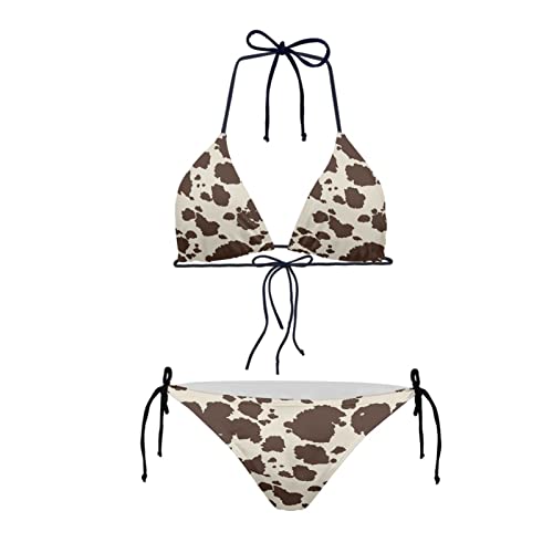 JEOCODY Damen High Waist Halfter Bikini Set Zweiteilige Badeanzüge String Dreieck Bikini Sets, Braune Kuhmuster, XX-Large von JEOCODY