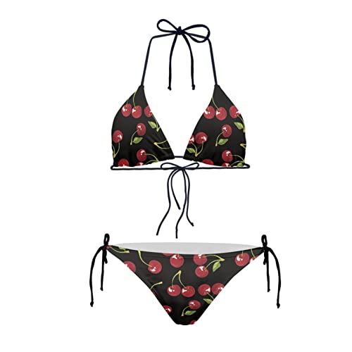 JEOCODY Damen High Waist Halfter Bikini Set Zweiteilige Badeanzüge String Dreieck Bikini Sets, Rote Kirsch-Aufdrucke, XX-Large von JEOCODY