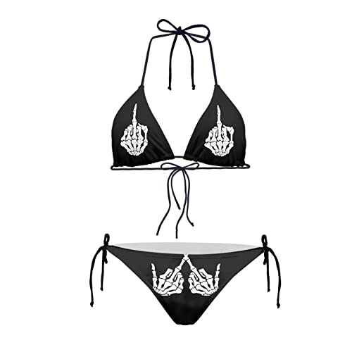 JEOCODY Damen High Waist Halfter Bikini Set Zweiteilige Badeanzüge String Dreieck Bikini Sets, Totenkopf Show Mittelfingernagel Muster, XL von JEOCODY