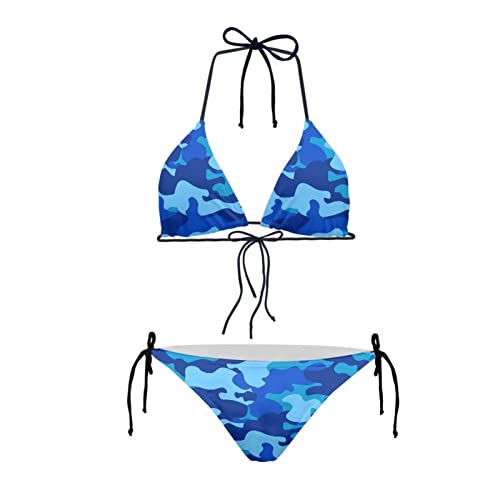 JEOCODY Damen High Waist Halfter Bikini Set Zweiteilige Badeanzüge Triangle Bikini Sets, Blauer Camouflage-Muster, Medium von JEOCODY