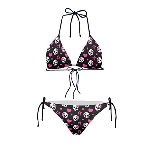 JEOCODY Damen High Waist Halfter Bikini Set Zweiteilige Badeanzüge Triangle Bikini Sets, Rosa Herz- und Totenkopf-Aufdruck, S von JEOCODY