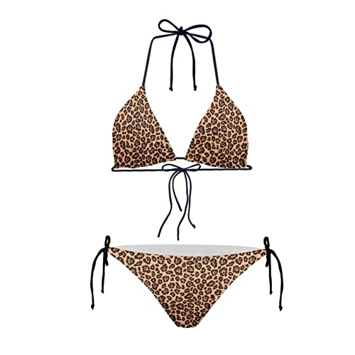 JEOCODY Damen High Waist Halfter Bikini Set Zweiteilige Badeanzüge Triangle Bikini Sets, braunes leopardenmuster, Medium von JEOCODY