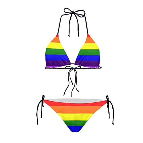 JEOCODY Damen High Waist Neckholder Bikini Set Zweiteilige Badeanzüge String Triangle Bikini Sets, Gay Pride Lgbt Regenbogenflagge, XX-Large von JEOCODY