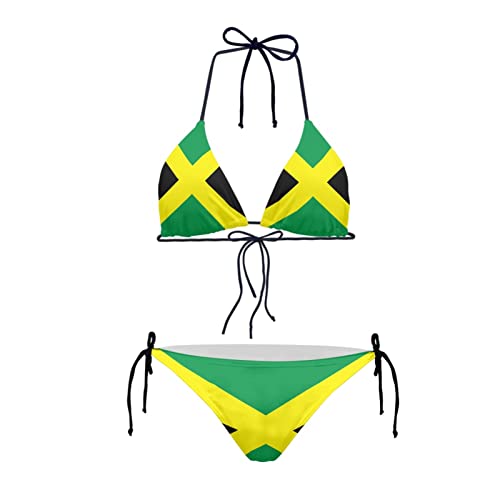 JEOCODY Damen High Waist Neckholder Bikini Set Zweiteilige Badeanzüge String Triangle Bikini Sets, Jamaika-Flaggen-Drucke, XX-Large von JEOCODY