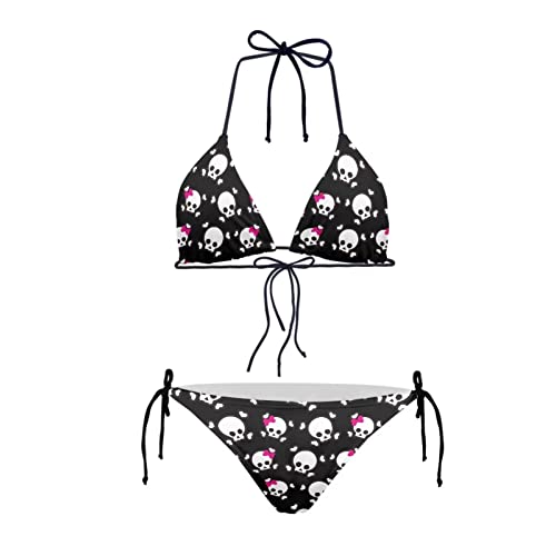 JEOCODY Damen High Waist Neckholder Bikini Set Zweiteilige Badeanzüge String Triangle Bikini Sets, Pink Totenkopf, S von JEOCODY