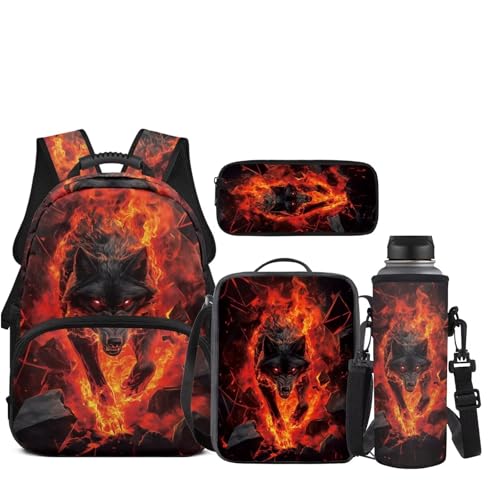 JEOCODY Kinder-Rucksack-Set mit Lunchtasche, Federmäppchen, Wasserflaschenhalter für Jungen und Mädchen, Coole Feuerwolf-Muster von JEOCODY