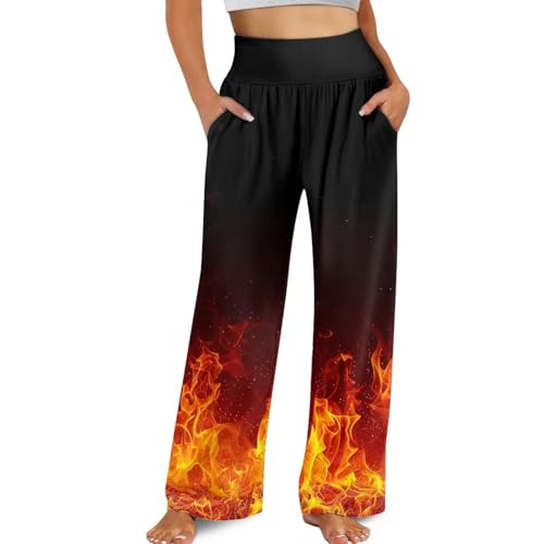 JEOCODY Lässige Damenhose mit weitem Bein, elastische Taille, lockere Loungehose mit Taschen, Größe S-3XL, Feuerflamme, 3X-Groß von JEOCODY