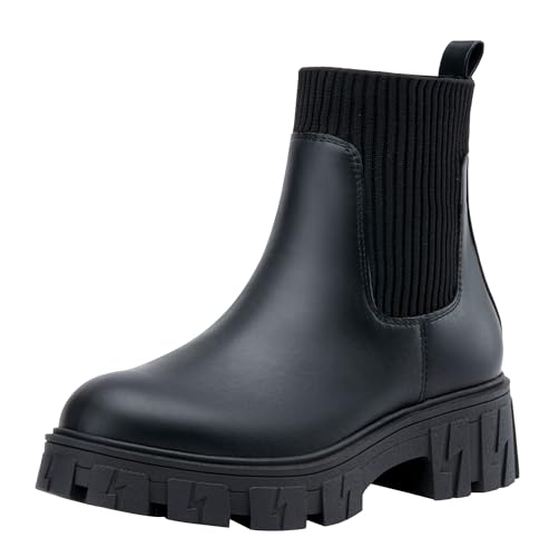 Jeossy Chelsea Chunky 9610 Damen-Stiefeletten, elastische Plateau-Sohle, kurzer Schlupfschuh, niedriger Absatz, 9610 Booties, Schwarz-gestricktes Chelsea, 42 EU von JEOSSY