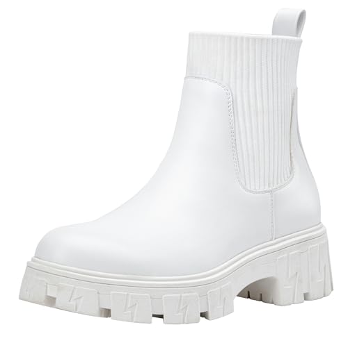 Jeossy Chelsea Chunky 9610 Damen-Stiefeletten, elastische Plateau-Sohle, kurzer Schlupfschuh, niedriger Absatz, 9610 Booties, Weißer Strick-Chelsea, 39 EU von JEOSSY
