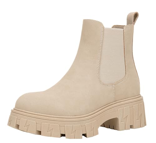 Jeossy Damen 9620 Chelsea Combat Boots Plateau Stiefeletten Chunky Heel Fashion Lug Sole Slip on Booties mit Gummiband, Chelsea Lug Sole-9620-Beige, 42 EU von JEOSSY