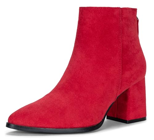 Jeossy Damen Chunky Heeled Ankle Boots Spitz Toe Stacked Block Heel Booties, A-Heeled Boots, 9635, rot, 37.5 EU von JEOSSY