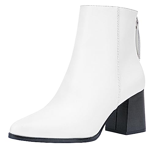 Jeossy Damen Chunky Heeled Ankle Boots Spitz Toe Stacked Block Heel Booties, A-Heeled Boots - 9635-white, 39.5 EU von JEOSSY