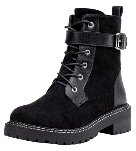 Jeossy Damen Combat Stiefeletten 9627 Niedriger Absatz Stiefeletten mit seitlichem Reißverschluss, Schnürstiefel-9628-blacksuede, 39.5 EU von JEOSSY
