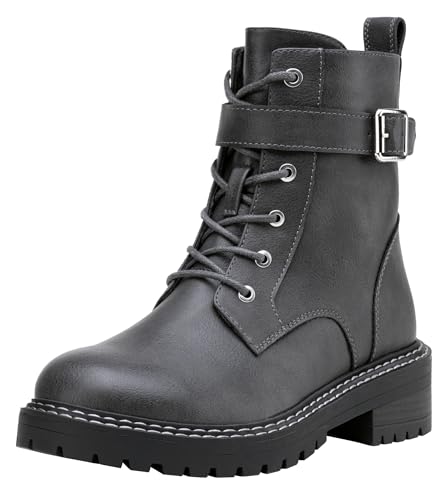 Jeossy Damen Combat Stiefeletten 9627 Niedriger Absatz Stiefeletten mit seitlichem Reißverschluss, Schnürstiefel-9628-grau, 37.5 EU von JEOSSY
