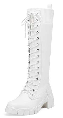 Jeossy Damen Kniehohe Stiefel Combat 9603 Hohe Plateau Chunky Heel Stiefel Wide Claf, All White-platform-9603, 37 EU von JEOSSY