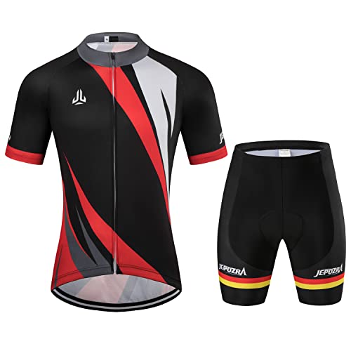 JEPOZRA Fahrradbekleidung Herren Sommer Fahrradtrikot Set Rennrad Trikot Radtrikot Kurzarm mtb Mountainbike Jersey Shirt und Fahrradhose Atmungsaktiv Gel Sitzpolster von JEPOZRA