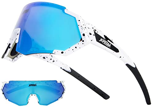 JEPOZRA Sonnenbrille Herren Polarisiert Fahrradbrille mit 3 Wechselgläser Sports Schnellebrille Anti-UV400， für MTB Klettern Angeln Skifahren Unisex (White Pattern) von JEPOZRA