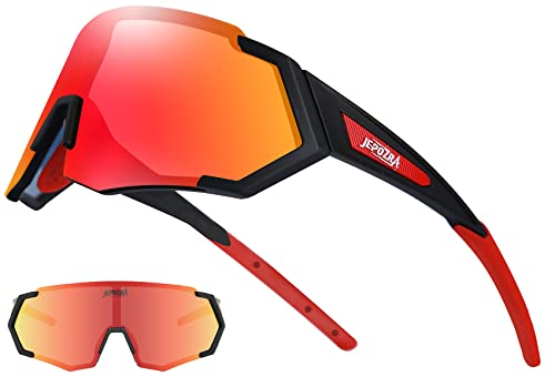 JEPOZRA Sonnenbrille Herren Polarisiert Schnellebrille mit 3 Wechselgläser Sports Fahrradbrille Anti-UV400， für MTB Klettern Angeln Skifahren Unisex (Black red) von JEPOZRA