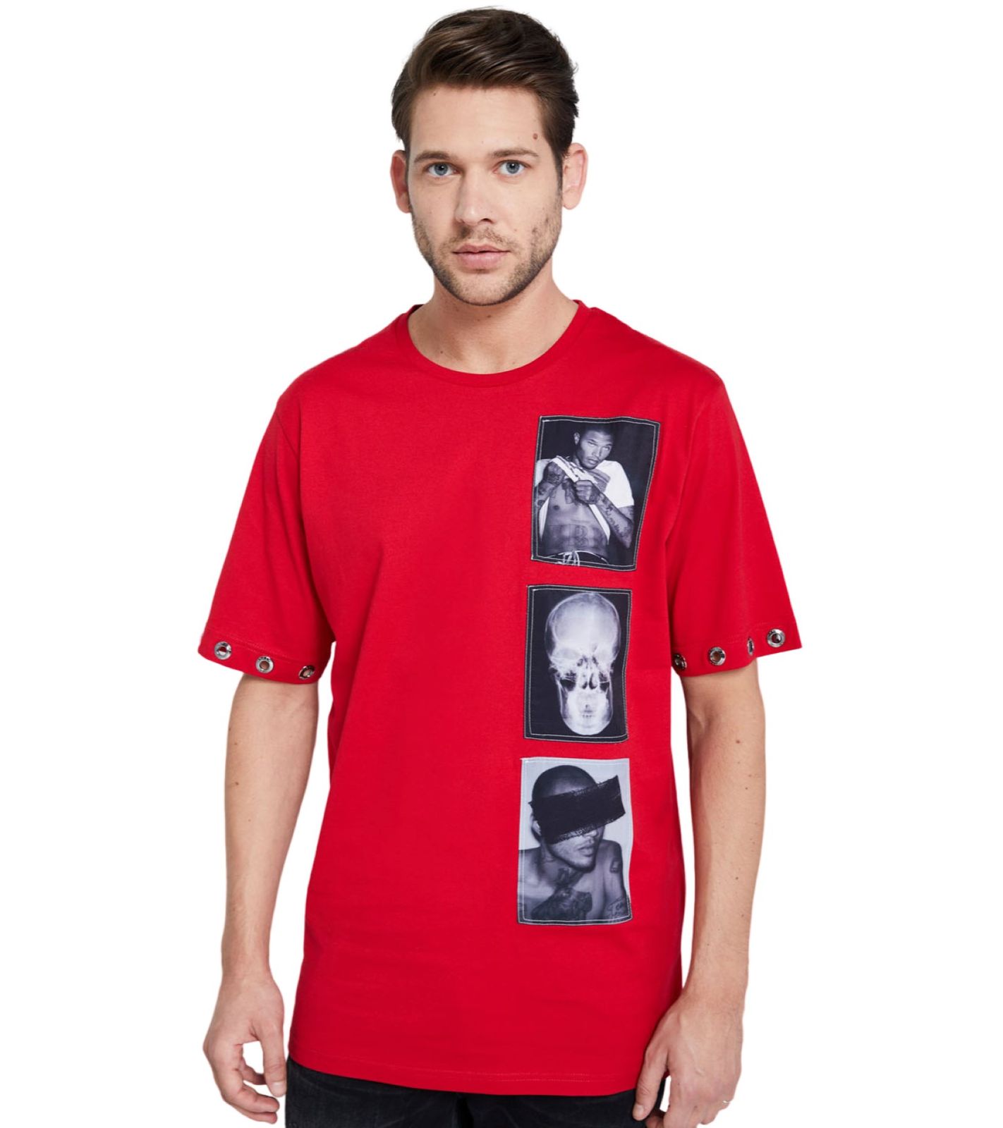 JEREMY MEEKS Adone Herren Kurzarm-Shirt Sommer-Shirt mit Nieten am Armabschluss Rot von JEREMY MEEKS