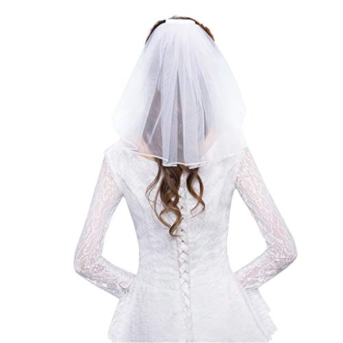 JERKKY Tüll Brautkleid Schleier White Ribbon Edge Strass Gefälschte Perlen Kurze Brautschleier Kamm Braut Fee Hochzeit Zubehör Tüll von JERKKY