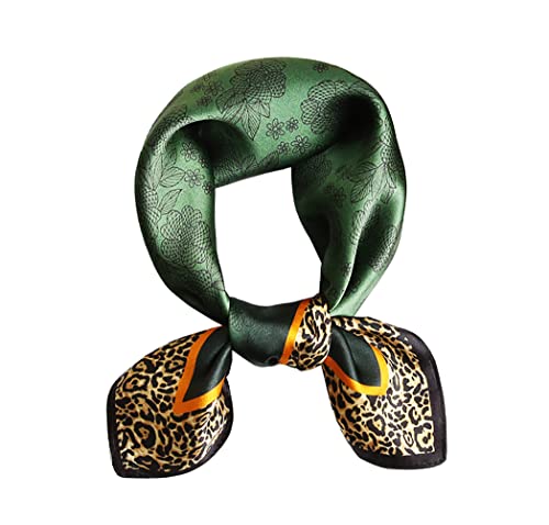 JERLA Damen Herren Kleine Quadrat 100% echte Maulbeerseide Satin Schals Haarschal Kopf Gesicht Schal 53,3 x 53,3 cm, Blackish Green and Leopard Print von JERLA