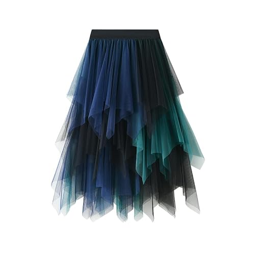 JEROZIYANT Damen Rock Tüll Layered Unterrock Ballett Tutu Abschlussball Party Faltenkleid A-Linie Midirock Hohe Taille Rock, Grün-blau, 32 von JEROZIYANT