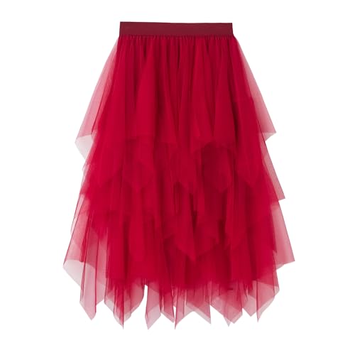 JEROZIYANT Damen Rock Tüll Layered Unterrock Ballett Tutu Abschlussball Party Faltenkleid A-Linie Midirock Hohe Taille Rock, weinrot, 32 von JEROZIYANT