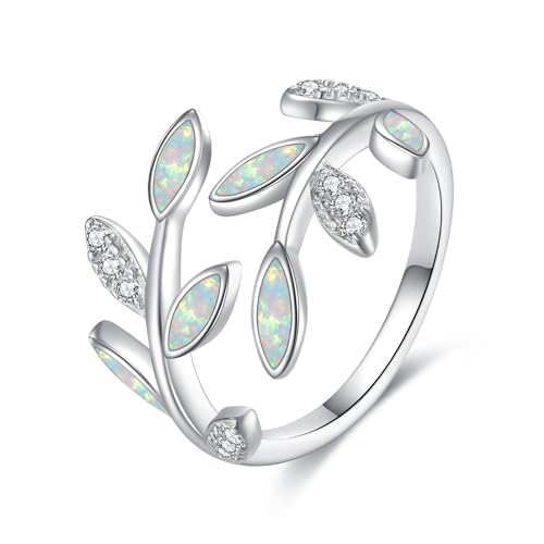 Blatt Ringe S925 Sterling Silber Opal Ring verstellbarer Ring für Frauen Weißer Opal Blatt Schmuck Geschenke für Damen Frauen Mama (6) von JERWLI