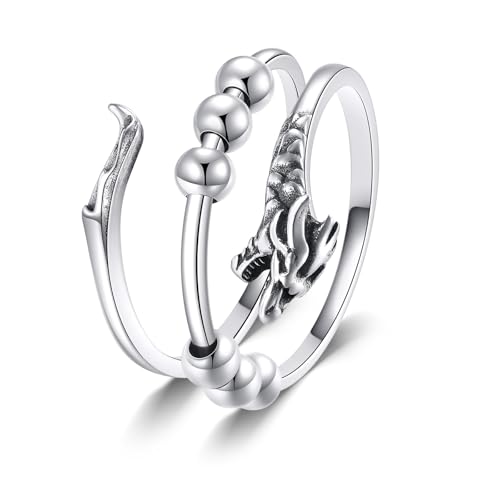 Dragon Ring 925 Sterling Silber Fidget Chinesischer Drache Ringe Verstellbare Perlen Spinnringe Angst Drachen Schmuck für Frauen und Männer Daumen Geschenke (8.5) von JERWLI