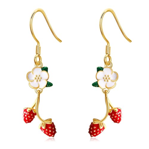 Erdbeere Ohrringe S925 Sterling Silber Erdbeeren Tropfen Ohrstecker Süßes Früchte Erdbeer Schmuck Geschenke für Frauen Damen Liebhaber von JERWLI