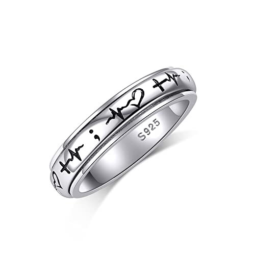 Fidget Ring Sterling Silber Herzschlag Angst Ring Semikolon Spinner Band Ring Stress Entlastung Schmuck Geschenke für Frauen Männer (Semikolon Spinner Ring, 7) von JERWLI