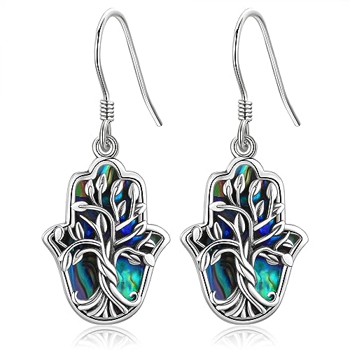 Hamsa-Hand-Ohrhänger, Sterlingsilber, Baum des Lebens, Hamsa-Hand mit Abalone-Muschel, baumelnde Brisur-Ohrringe, Schmuck, Geschenk für Frauen und Mädchen von JERWLI