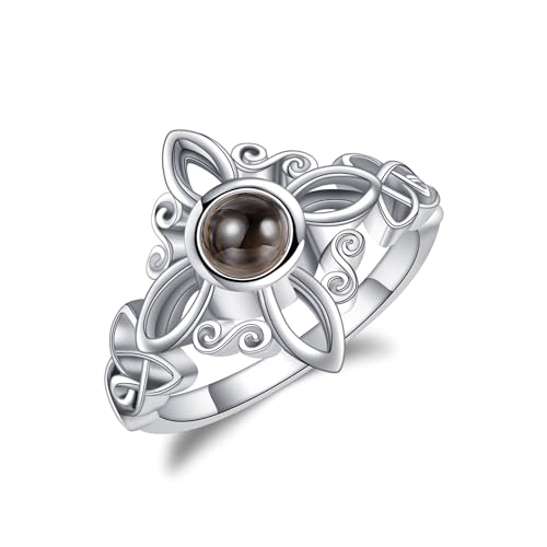 Hexen Knoten Ringe Sterling Silber Hexen Magische Knoten Ringe Mondstein Ich liebe Sie 100 Sprachen Projektion Keltische Ringe Hexe Wicca Pagan Schmuck für Frauen Mädchen (100 Sprachen Stein, 10) von JERWLI