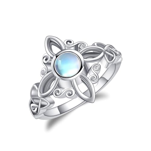 Hexen Knoten Ringe Sterling Silber Hexen Magische Knoten Ringe Mondstein Ich liebe Sie 100 Sprachen Projektion Keltische Ringe Hexe Wicca Pagan Schmuck für Frauen Mädchen (Mondstein, 10) von JERWLI