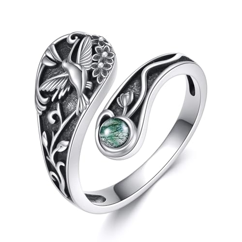 Kolibri Löffelring aus S925 Sterling Silber Kolibri Ring Löffelringe für Frauen verstellbare Daumenringe Moosachat Schmuck Geschenk für Frauen Damen (8) von JERWLI