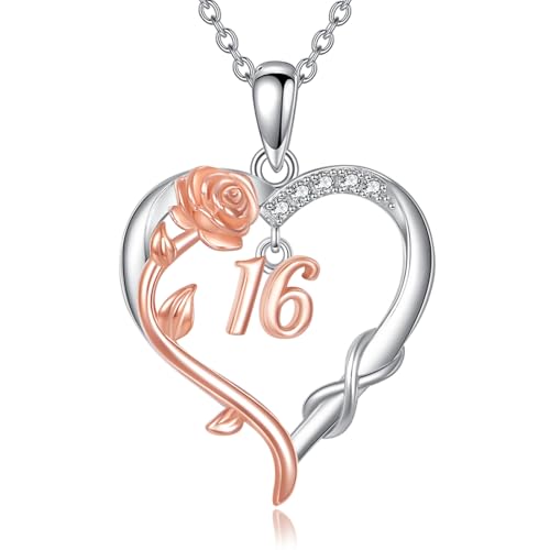 JERWLI 16th Geburtstag Geschenk S925 Sterling Silber Sweet 16th Herz Halskette Für Immer 16 Rosen Anhänger 16th Geburtstag Schmuck für Damen Frauen Freundinnen von JERWLI